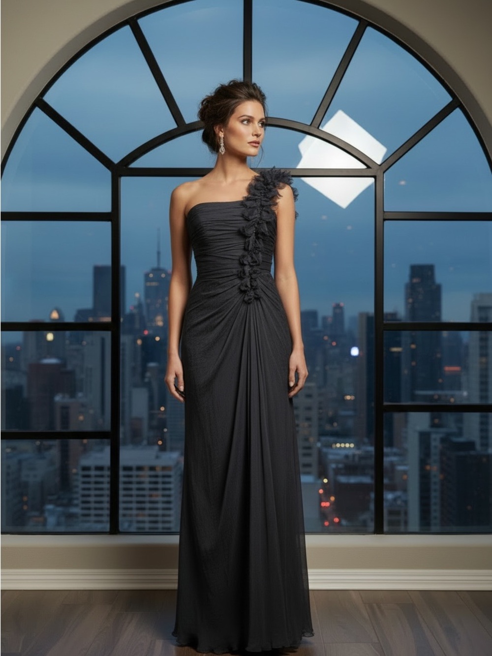 Tadashi Shoji Petite 100% Silk One Shoulder Floral Gown Black 4P